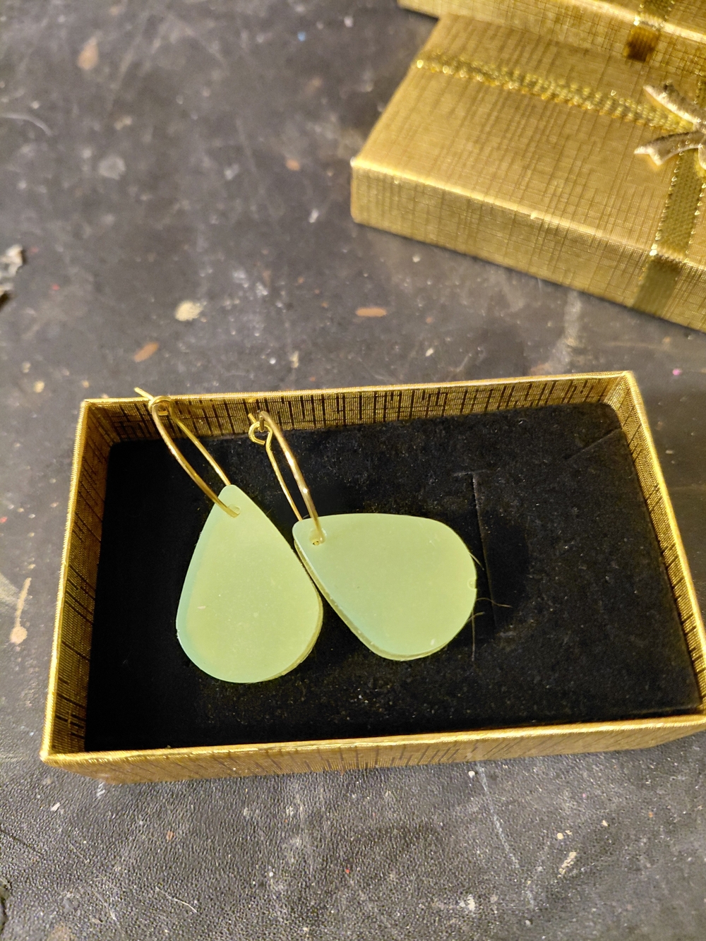 Gold Hoop Earrings with Pale Green Teardrop Glass Pendants